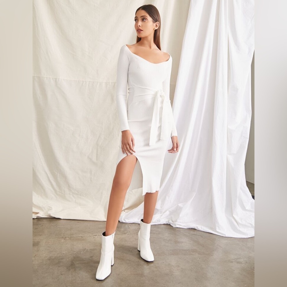 Forever 21 Tie-Waist Sweater Dress Ribbed Slit BodyCon Long Sleeved Cream M